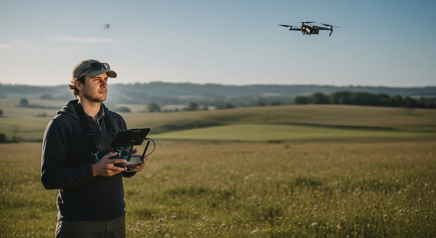 Drone operator flying a drone in an open field in the United States