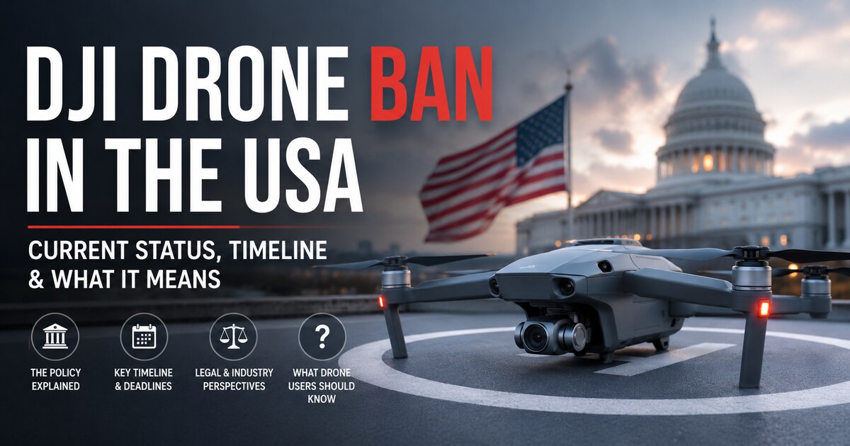 Drone on a launch pad with U.S. policy imagery representing the DJI drone ban discussion