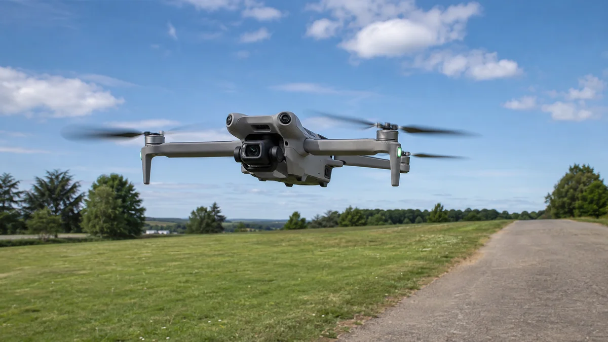 Camera drone hovering over a grassy field with spinning propellers