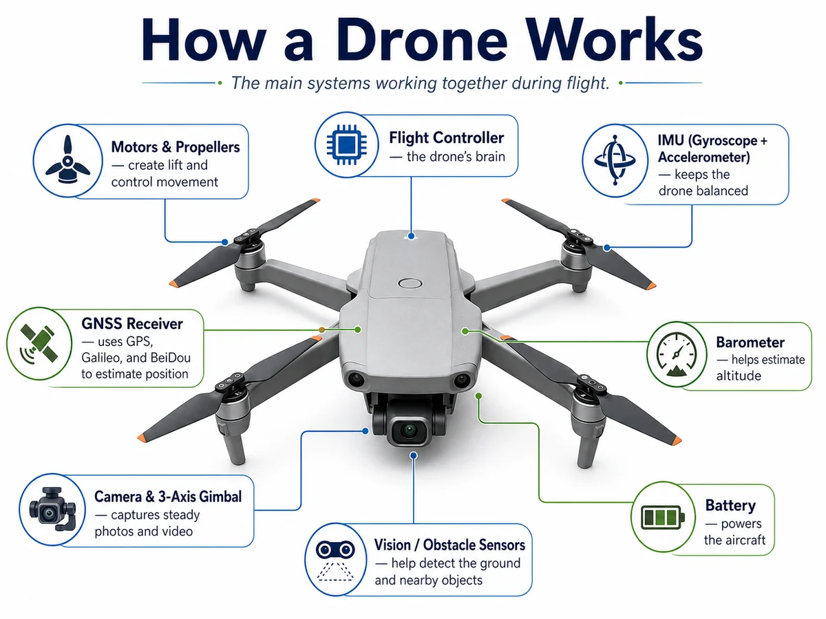 Infographic showing the main systems inside a modern camera drone, including motors, flight controller, IMU, GNSS receiver, barometer, battery, camera, gimbal, and obstacle sensors