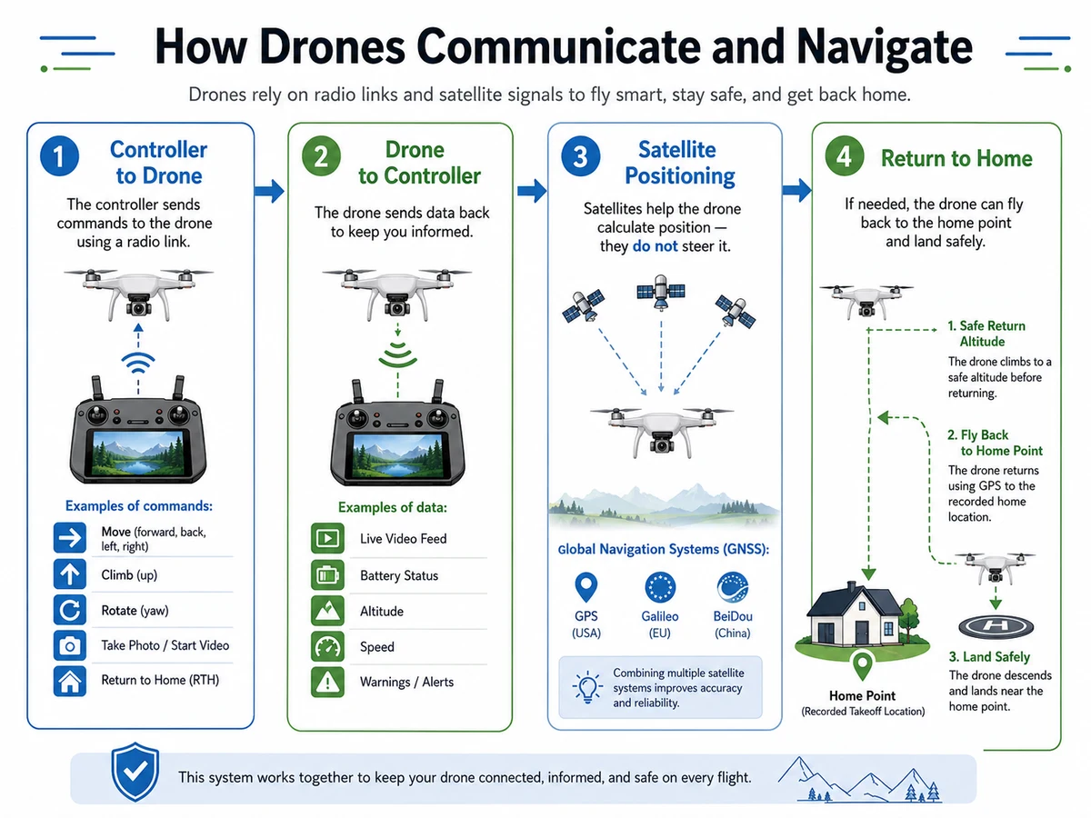 Infographic explaining how drones communicate with controllers, use satellite positioning, and return home safely
