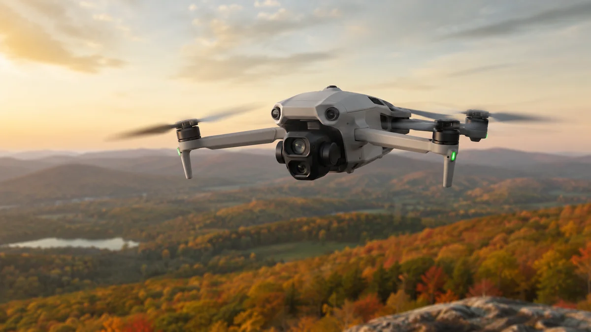 Compact camera drone flying over a scenic autumn mountain landscape at golden hour