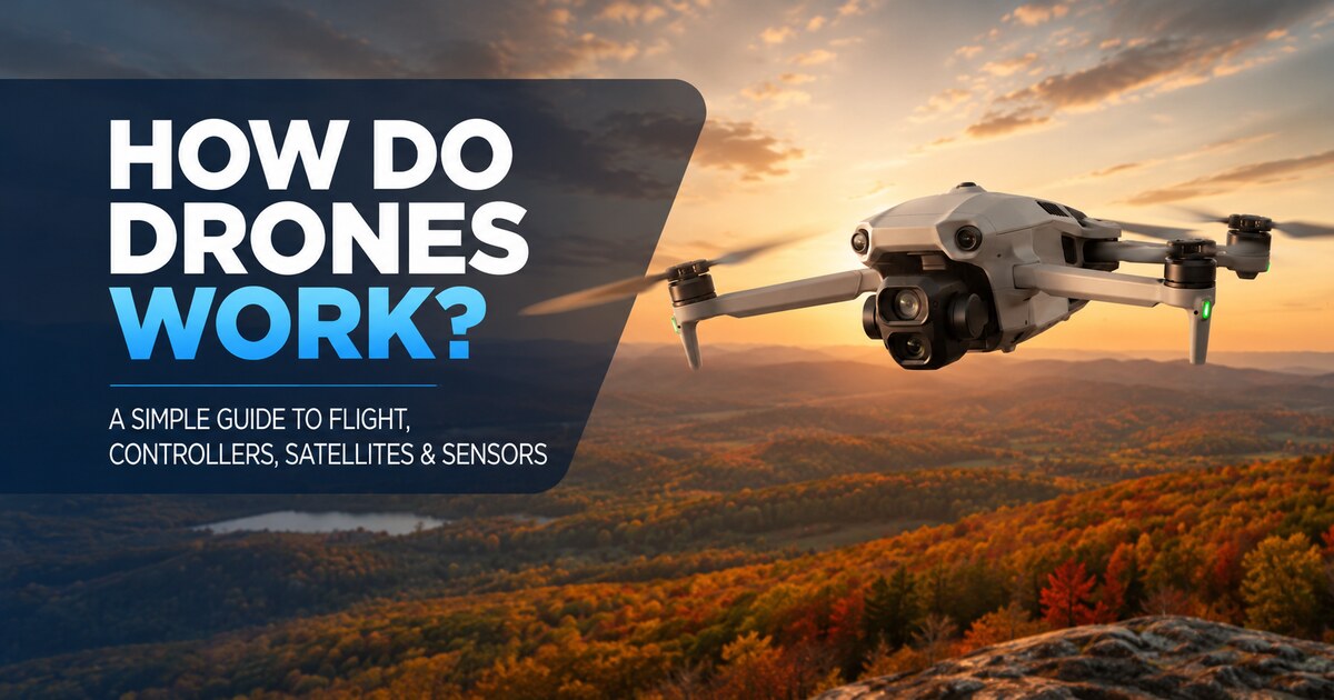 Cover image for a blog post titled How Do Drones Work, showing a camera drone flying over an autumn landscape