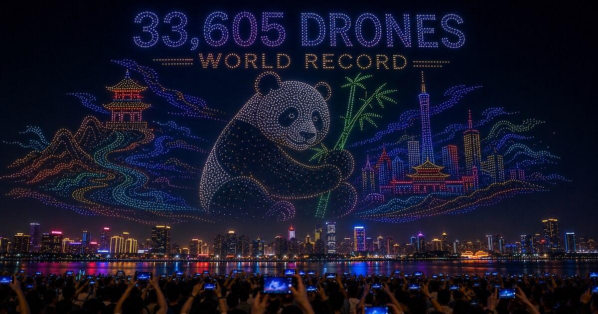Drone light show over a city skyline with 33,605 drones forming a world record display