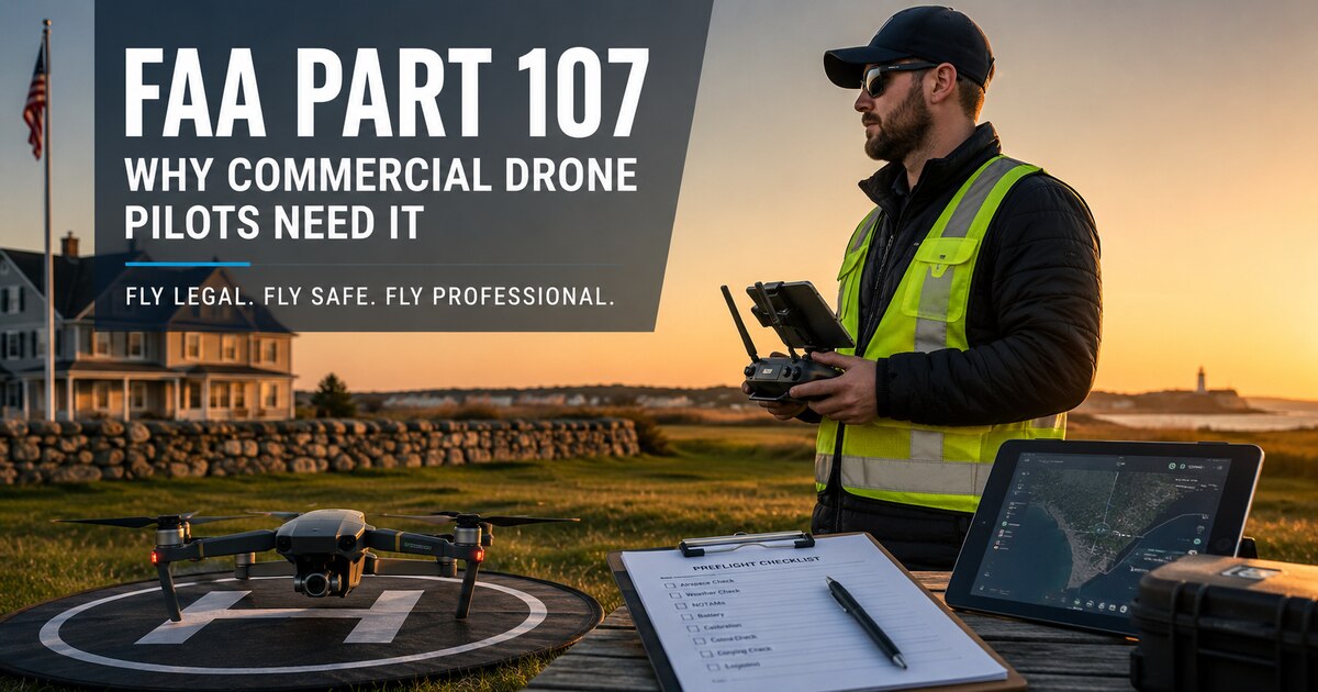 FAA Part 107 commercial drone pilot preparing for a professional drone flight
