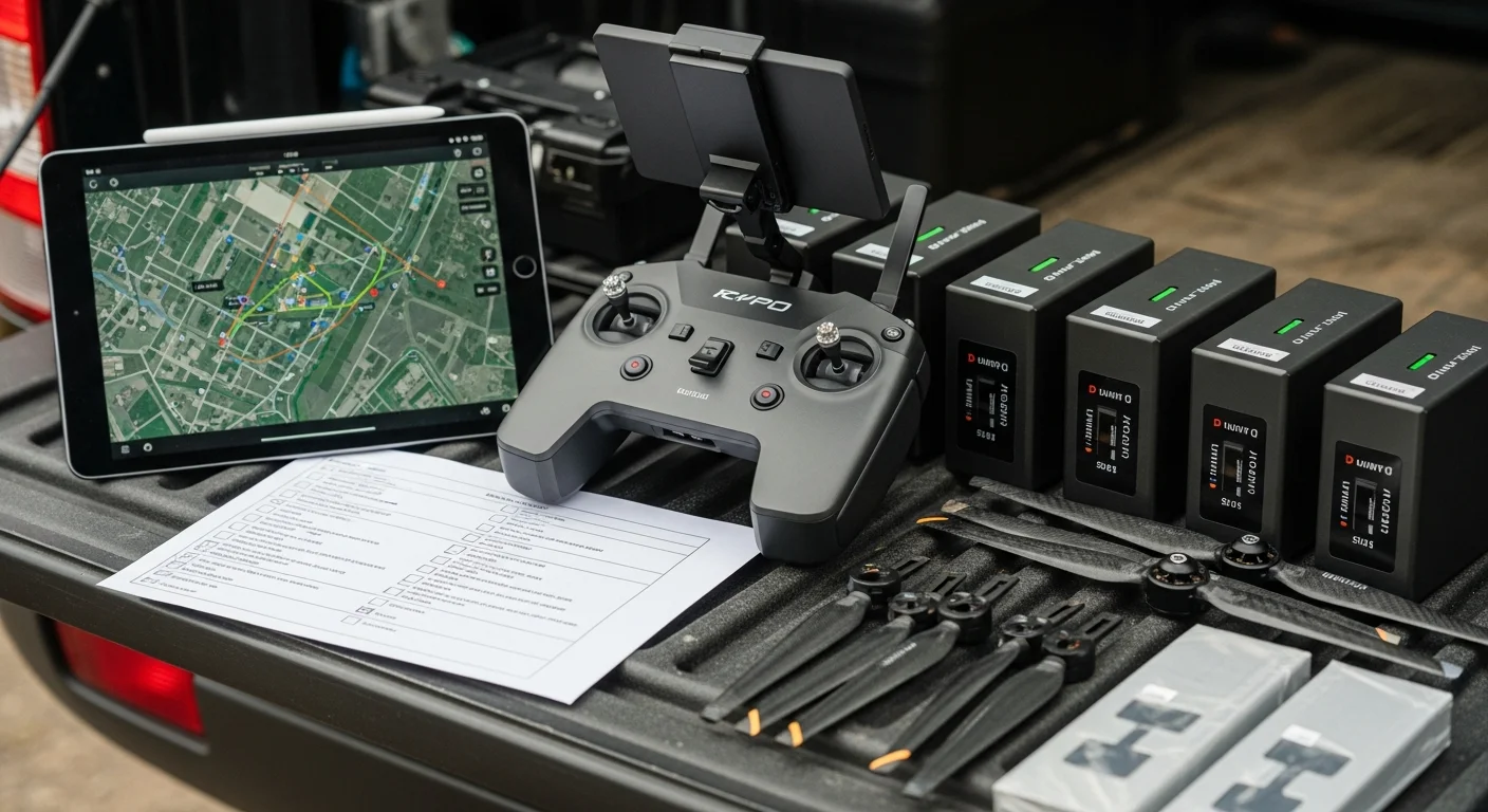Drone preflight checklist and equipment used by a Part 107 pilot
