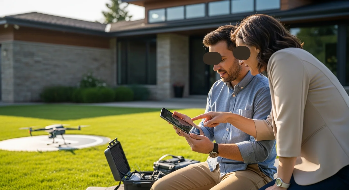 Professional drone operator reviewing aerial images with a client