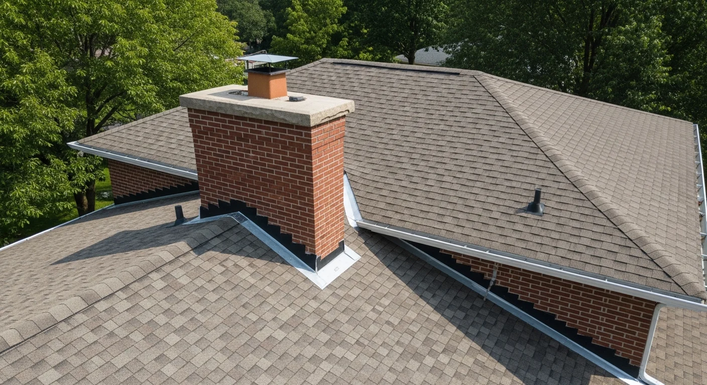 Drone photo documenting roof shingles, gutters, chimney, and property details