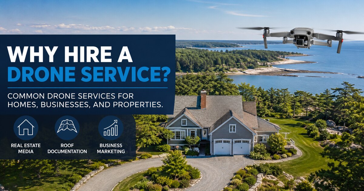 Aerial drone service image showing property media, roof documentation, and business marketing use cases