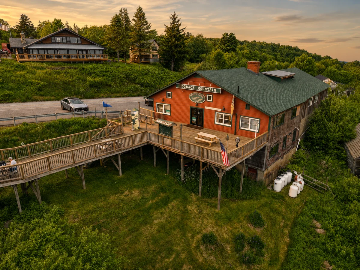 Aerial drone photo of Hogback Mountain Country Store at golden hour in southern Vermont