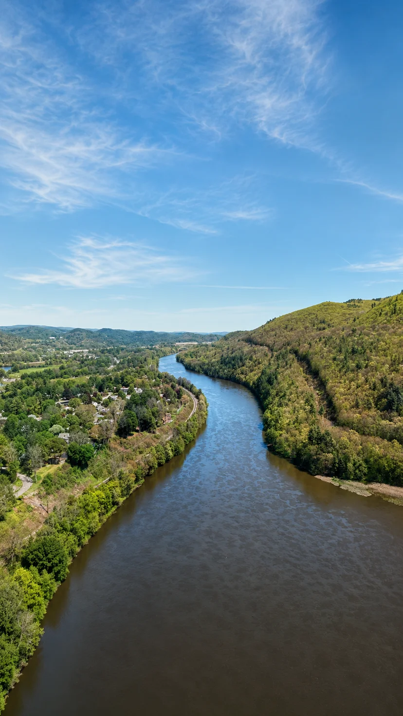 Aerial drone view of the Connecticut River winding through green hills near Brattleboro, Vermont